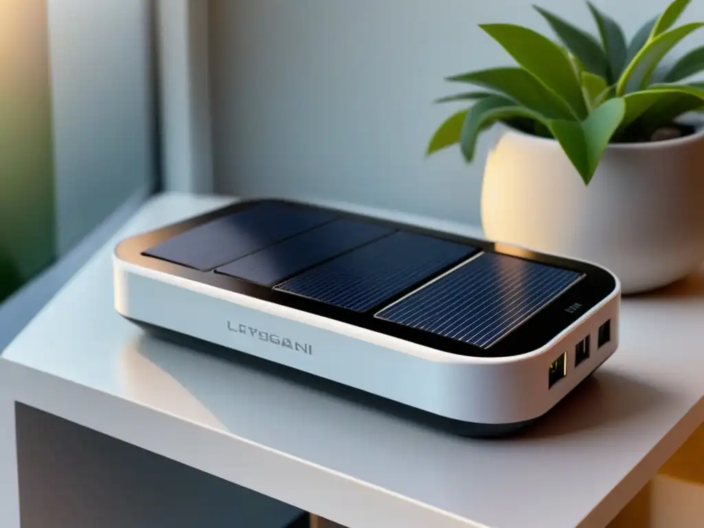 Una escena hightech muestra un cargador solar moderno cargando dispositivos, resaltando los beneficios de los cargadores solares