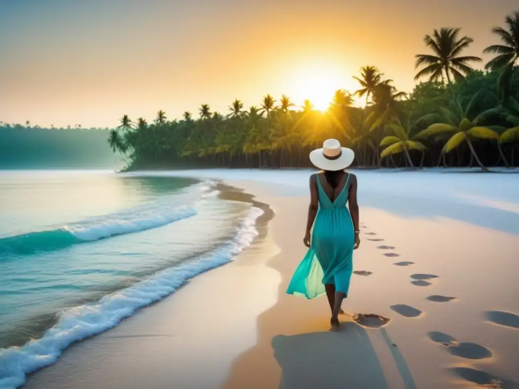 Una escena idílica de playa con agua turquesa y palmeras verdes, donde una figura viste moda sostenible