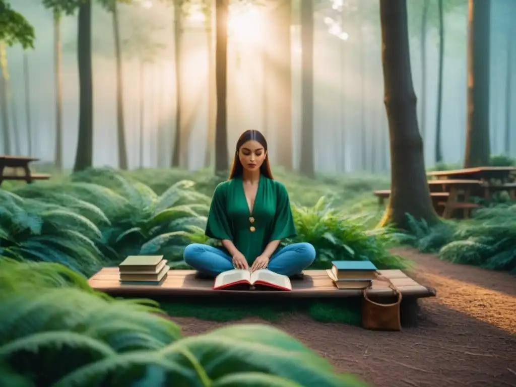 Escena mágica en un bosque verde con un escenario de libros y asistentes en bancos de madera