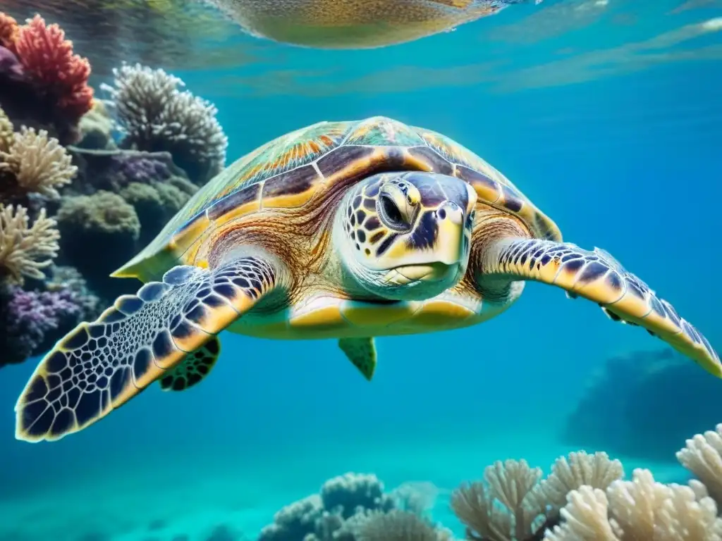 Una escena marina serena con una tortuga nadando entre arrecifes de coral, promoviendo la reducción de residuos plásticos en los océanos