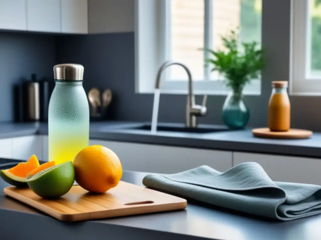 Una escena matutina serena y minimalista en una cocina moderna, con elementos sostenibles zero waste