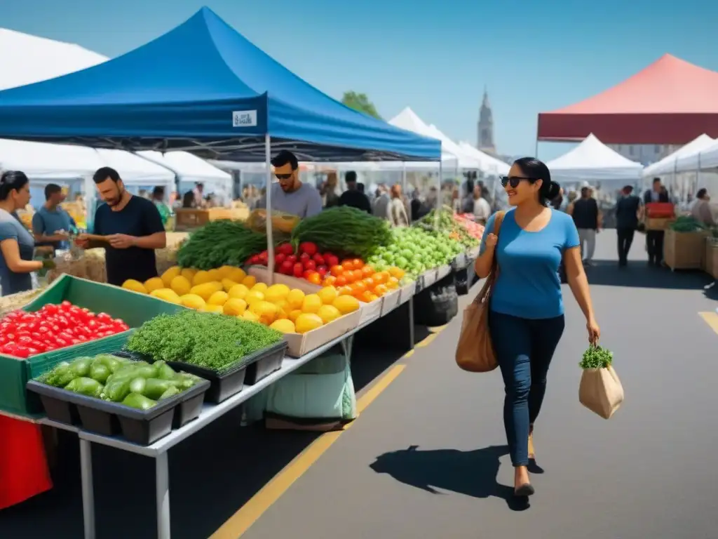 Una escena de mercado local con alianzas locales zero waste sostenible, mostrando diversidad y comunidad vibrante