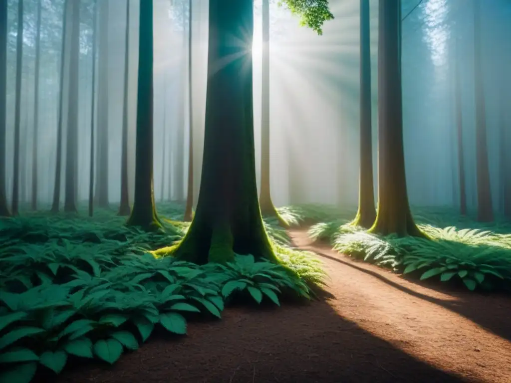 Escena natural serena en un bosque verde exuberante, con luz solar filtrándose entre las hojas