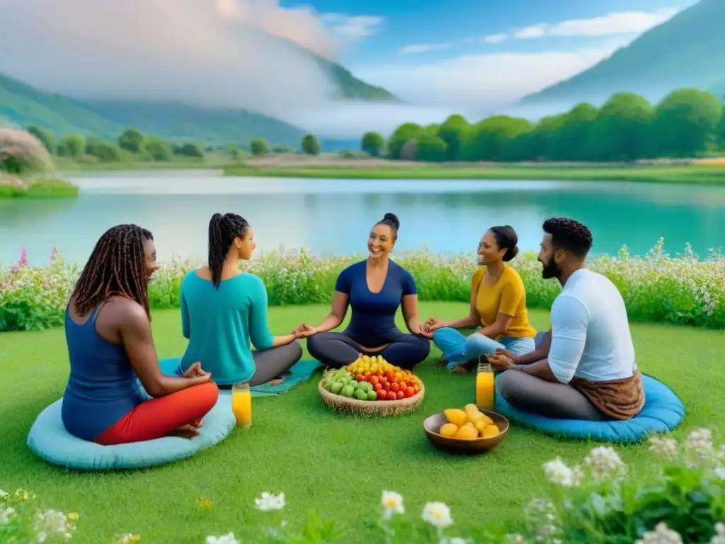 Escena de personas diversas disfrutando una comida vegana en armonía con la naturaleza