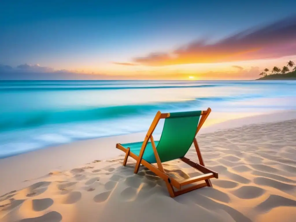 Escena de playa ecofriendly al atardecer, con aguas cristalinas, cielo colorido, palmeras y arena dorada