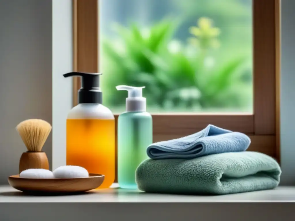 Escena relajante en baño con productos eco amigables en estantes