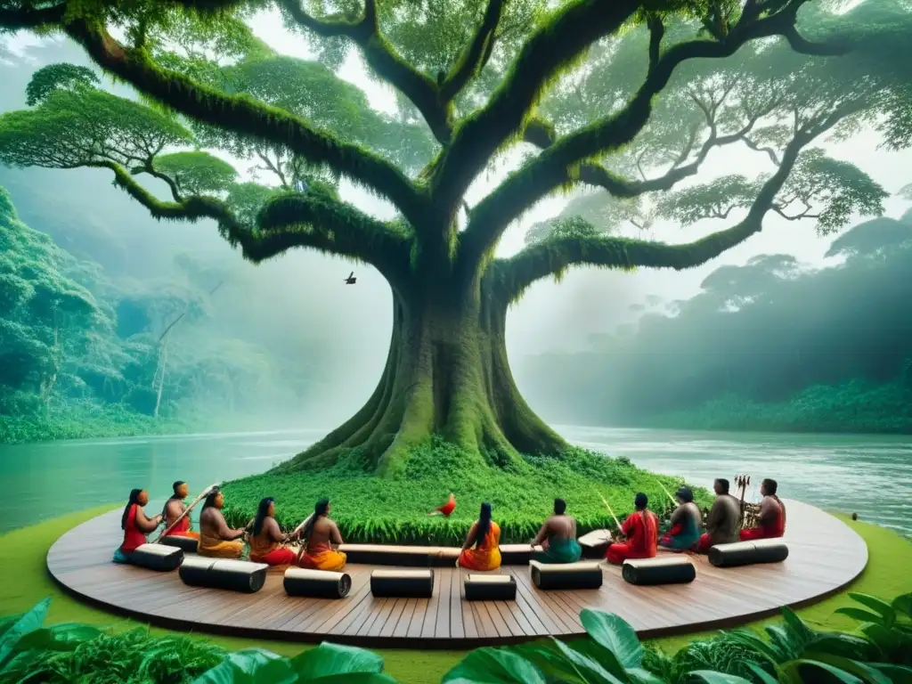 Escena de selva vibrante: músicos indígenas y naturaleza Una escena de la selva con músicos indígenas y vida silvestre