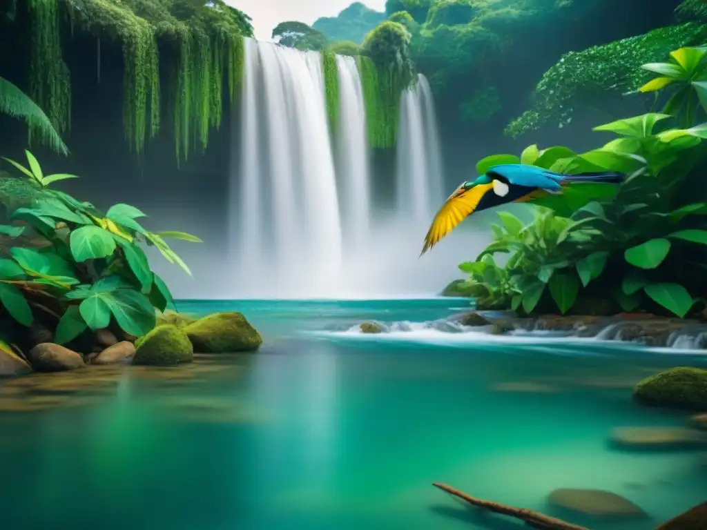 Escena de selva tropical exuberante con aves coloridas, cascada cristalina y ambiente de armonía