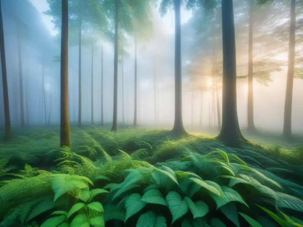 Escena serena de un bosque al amanecer, resaltando árboles verdes, neblina y un amanecer cálido