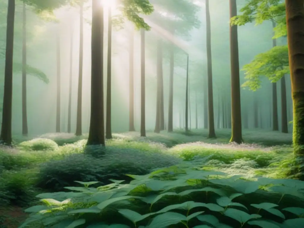 Escena serena en un bosque, con fauna y flora coexistiendo en armonía