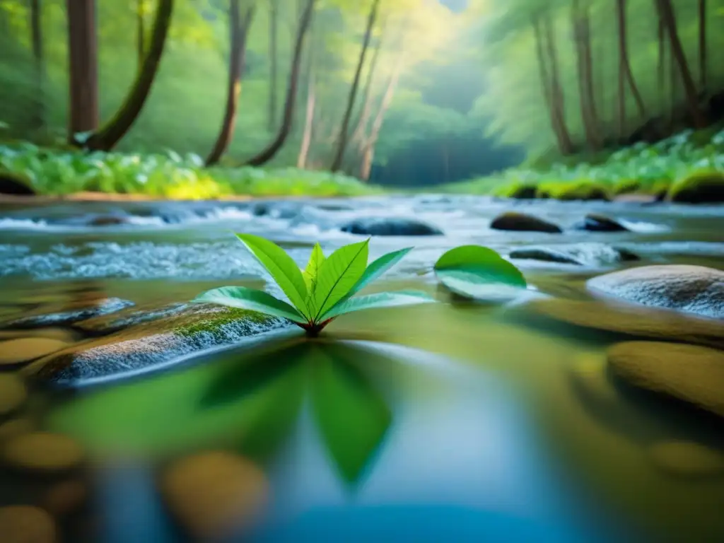 Escena serena de un bosque intocado con árboles verdes vibrantes y un arroyo tranquilo