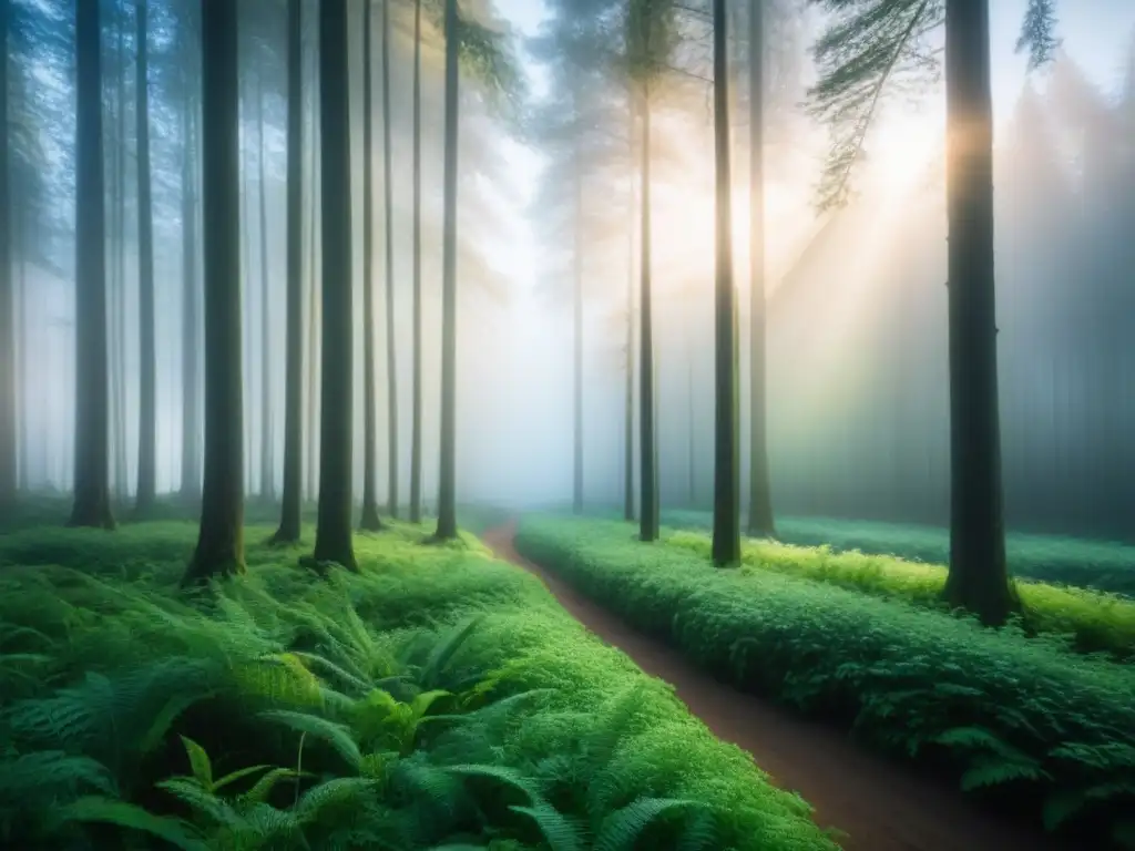 Escena serena de un bosque tranquilo al amanecer, con luz suave entre los árboles, creando un ambiente pacífico y rejuvenecedor