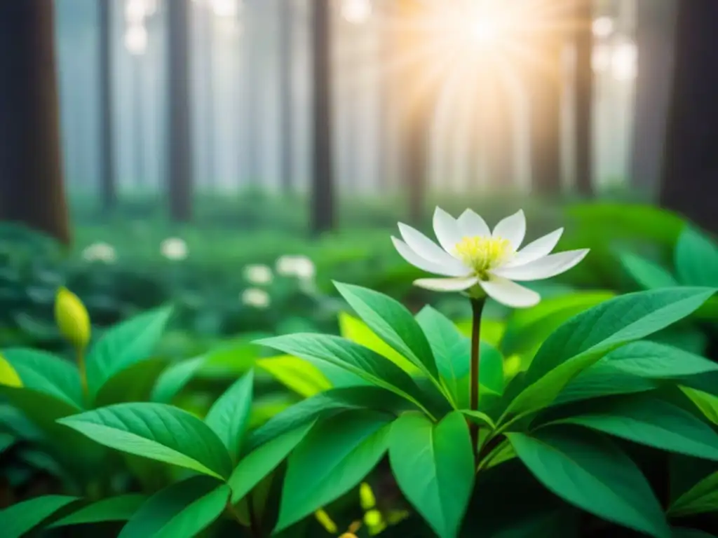 Escena serena en un bosque verde con un delicado flor blanca entre la vegetación