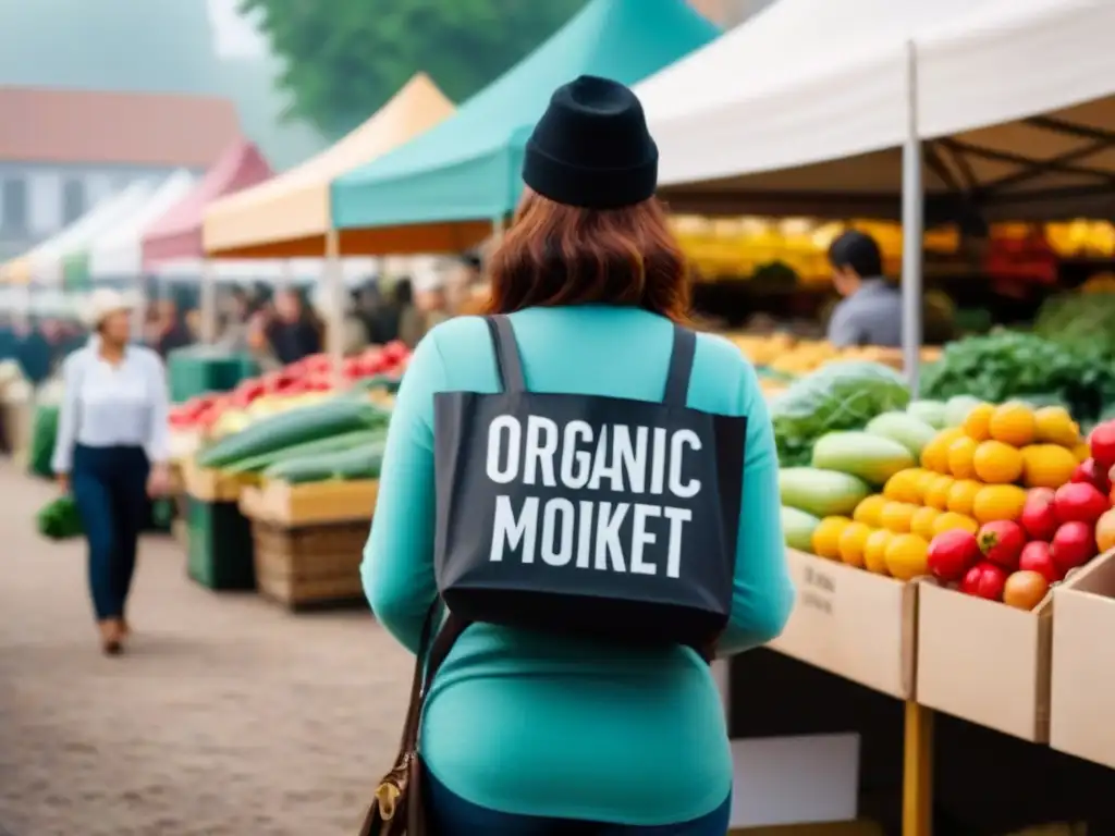 Una escena serena y colorida de un bullicioso mercado de agricultores, promoviendo la alimentación sostenible y opciones zero waste