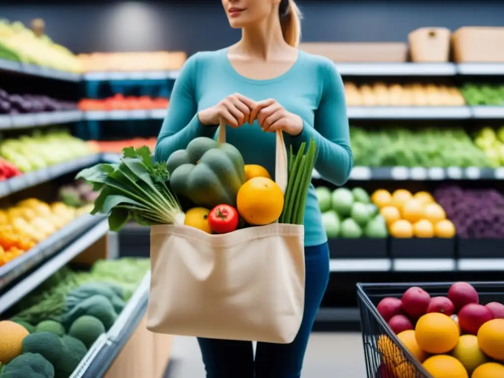 Compra consciente: frescura y color en tienda sin plástico Una escena serena de compras conscientes, con una persona sosteniendo una bolsa de tela llena de frutas y verduras frescas en una tienda sin plástico
