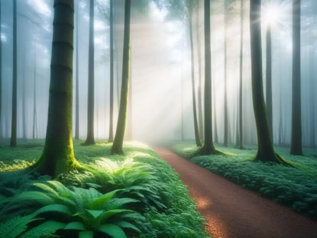 Escena serena en un frondoso bosque verde, con luz solar filtrándose entre el dosel, creando sombras suaves en el suelo del bosque