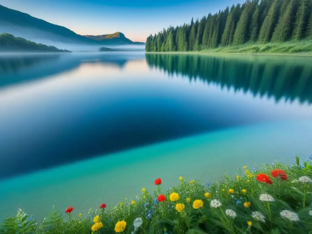 Escena serena: lago cristalino reflejando cielo azul, rodeado de árboles verdes y flores silvestres