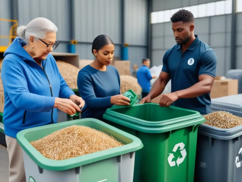 Una escena serena y minimalista de reciclaje inclusivo en una comunidad sostenible