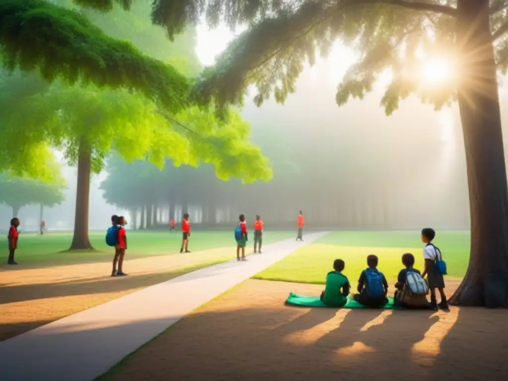 Una escena serena de niños en un proyecto de ciencias ambientales en una escuela rodeada de naturaleza