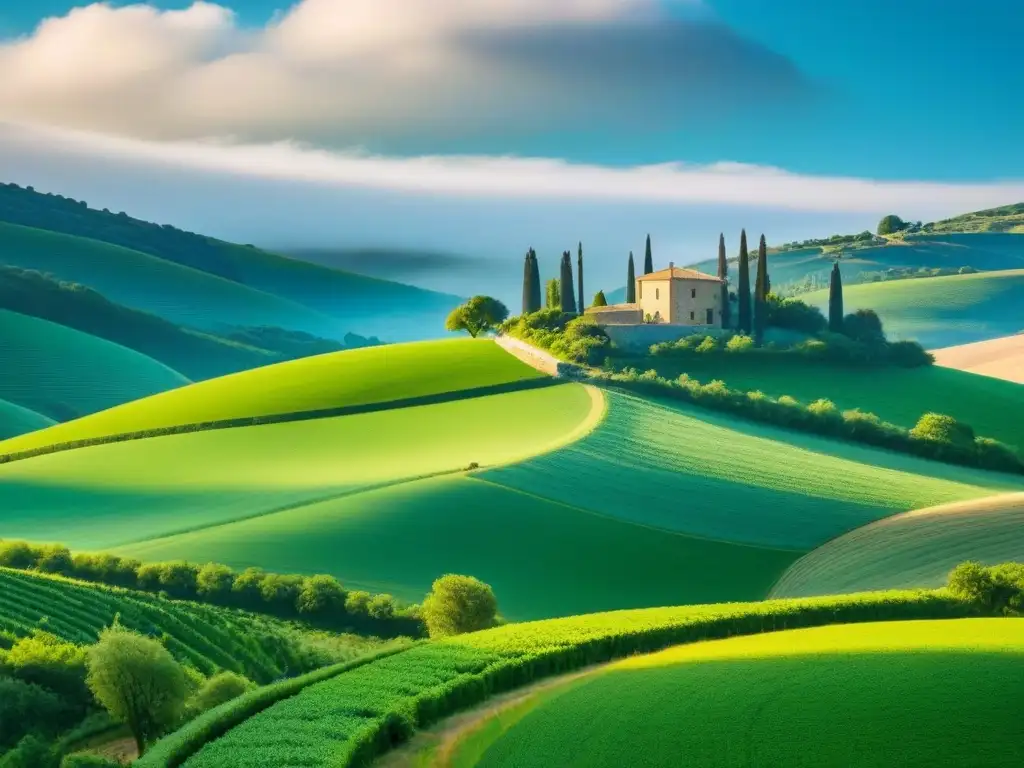 Escena serena de paisaje rural verde en España, con colinas, casa de piedra y cielo azul