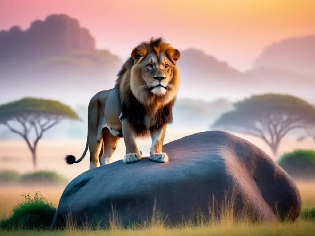 Majestuoso león al amanecer en la sabana africana Escena serena de un safari ecológico observación fauna en una sabana africana al amanecer con un majestuoso león en una roca