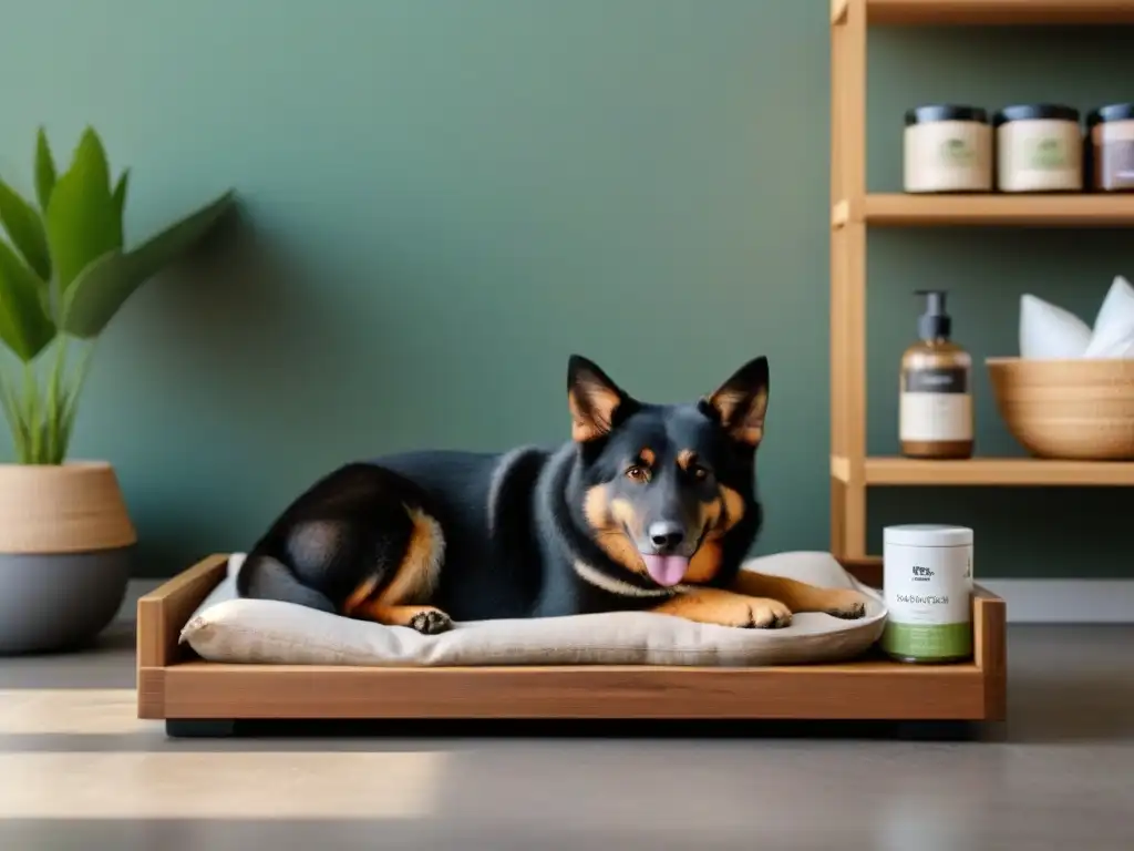 Escena sostenible: hogar con productos eco para mascotas, como cama reciclada y kit de aseo vegetal