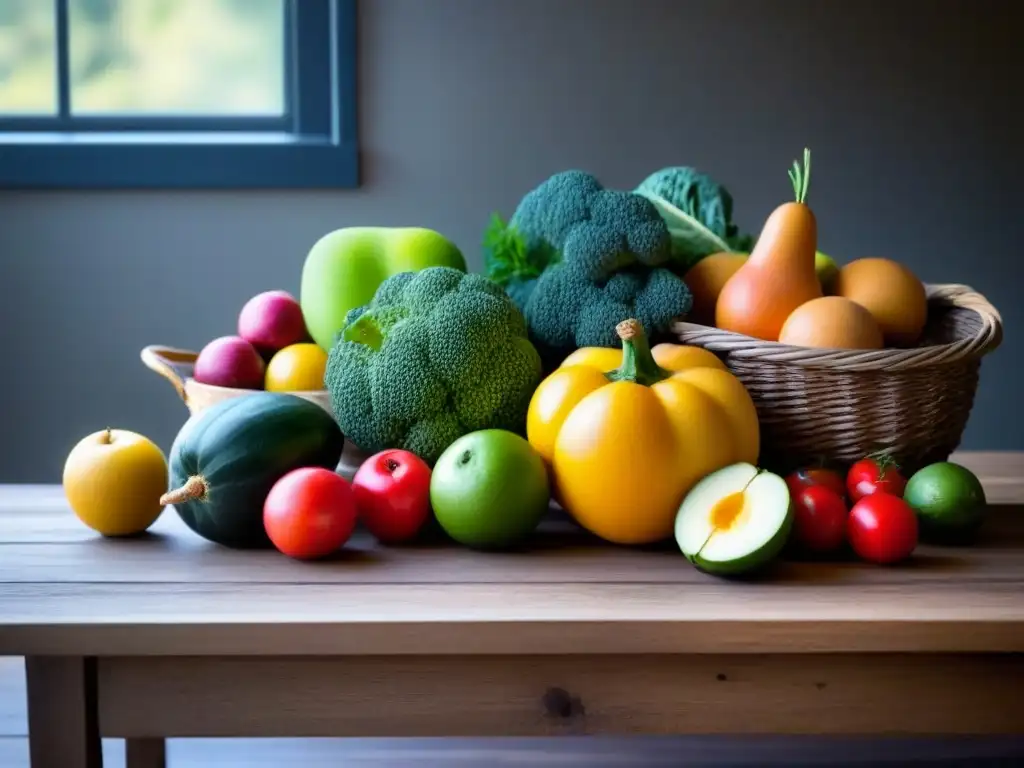 Una escena tranquila y colorida de frutas y verduras frescas sobre una mesa de madera rústica, iluminada suavemente