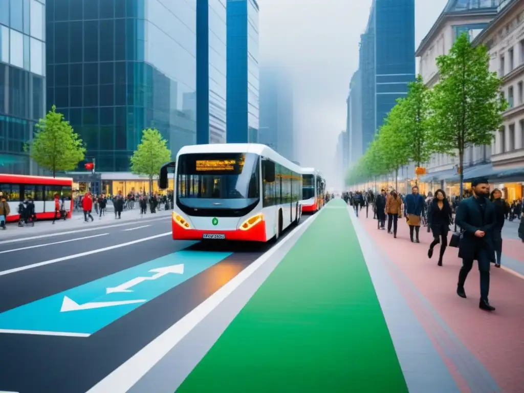 Escena urbana con alternativas ecológicas de movilidad urbana: autobuses eléctricos, bicicletas y peatones en un entorno sostenible y moderno