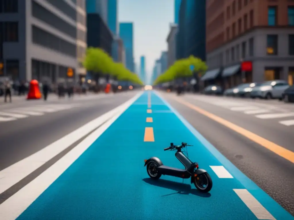 Escena urbana con bicicletas eléctricas y scooters estacionados, integrados en el paisaje urbano