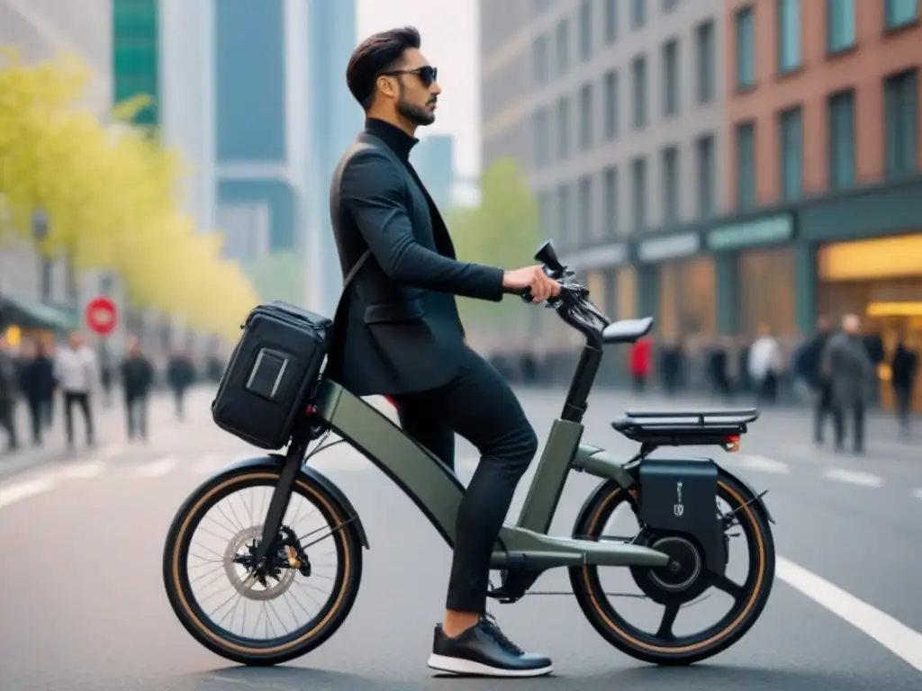 Una escena urbana bulliciosa con una bicicleta eléctrica plegable integrada de manera elegante entre peatones y tráfico