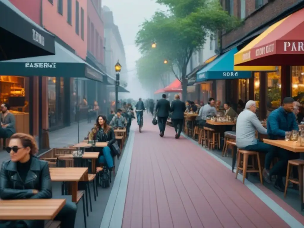 Escena urbana bulliciosa con peatones disfrutando de cafeterías al aire libre y una infraestructura sostenible