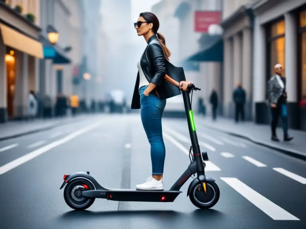 Escena urbana con uno de los mejores scooters eléctricos sostenibles, reflejando la vida moderna y sostenible en la ciudad