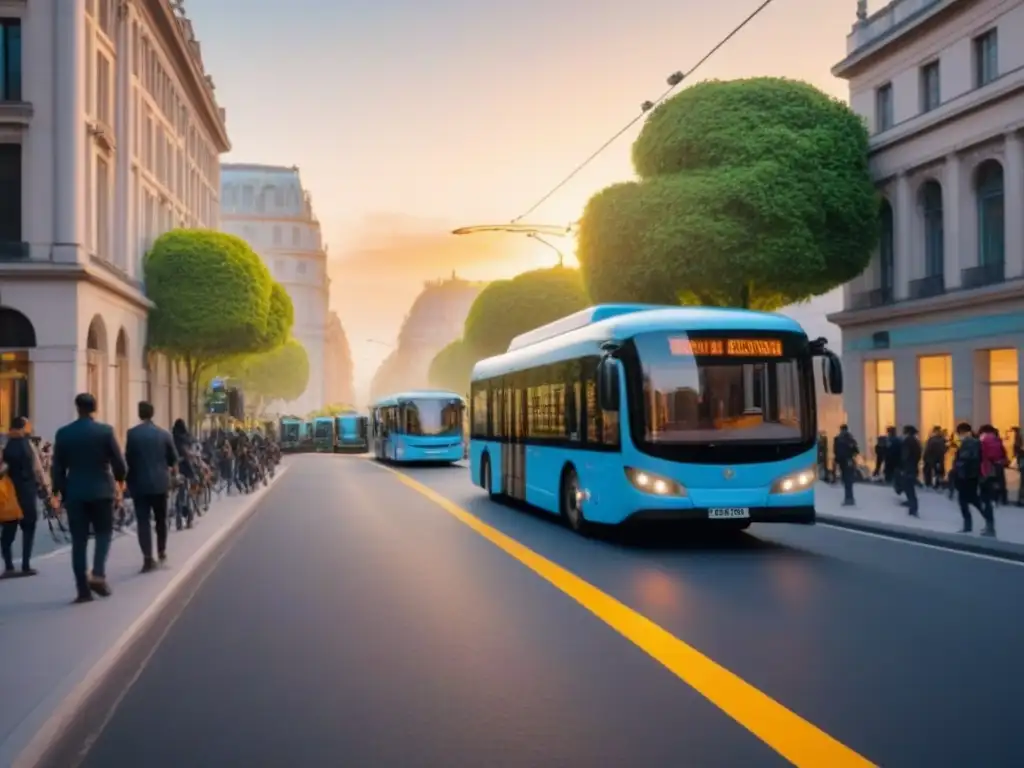 Una escena urbana sostenible al atardecer con buses eléctricos, bicicletas y peatones, iluminada por cálidos tonos