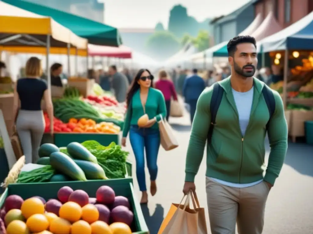 Mercado ecológico: comunidad diversa comprando productos sostenibles Escena vibrante de compras conscientes en el mercado de agricultores, promoviendo la reducción de plástico en la vida diaria