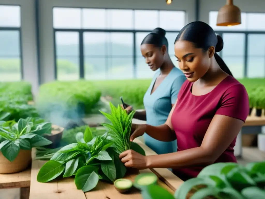 Una escena vibrante y detallada de artesanos locales y agricultores trabajando juntos en un taller de belleza sostenible