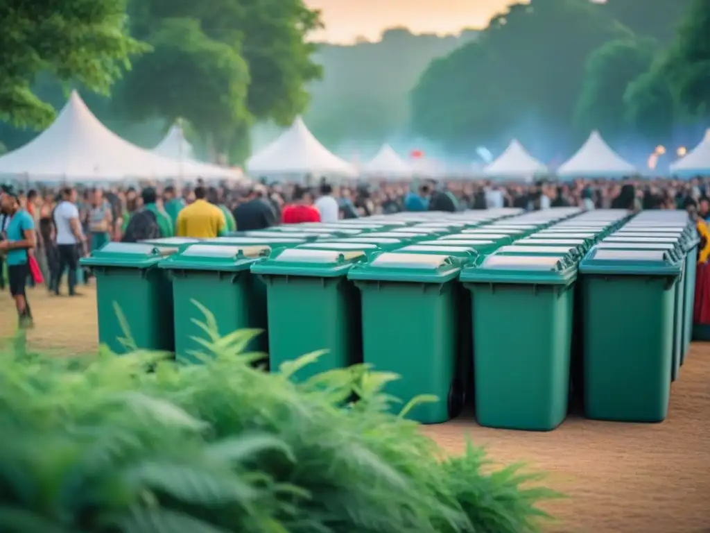 Escena vibrante de festival zero waste con música y naturaleza en armonía