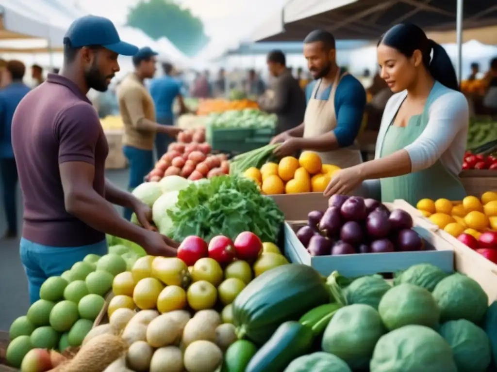 Escena vibrante en mercado, consumidores eligen Alimentos Km 0 sostenibles, colores vivos y manos tocando frutas y verduras frescas