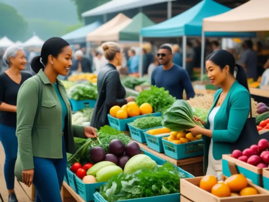 Una escena vibrante en un mercado con gente diversa comprando productos frescos de agricultores