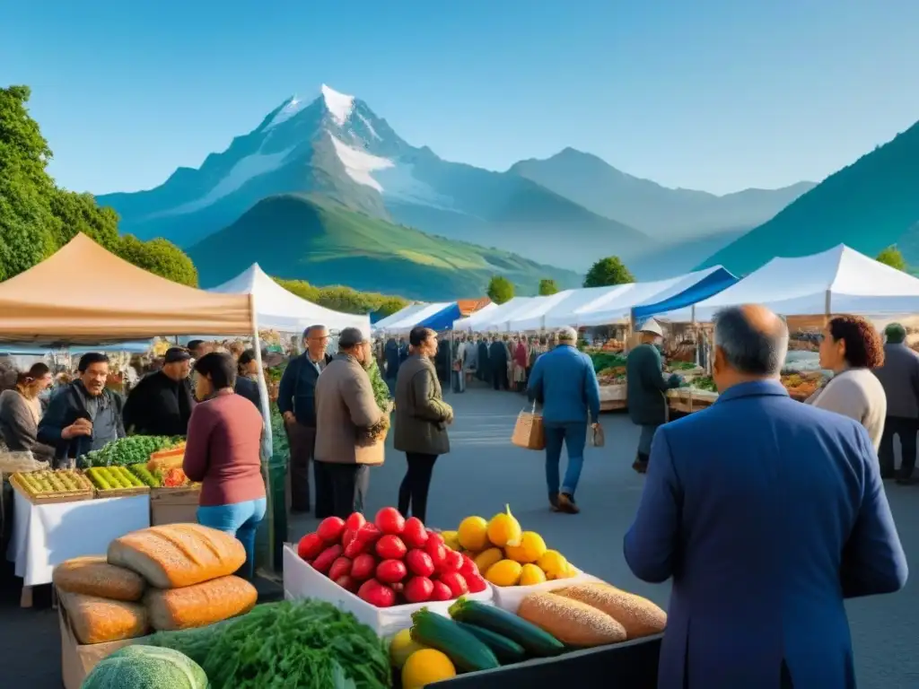 Escena vibrante de un mercado agrícola con productos orgánicos coloridos y granjas sonrientes