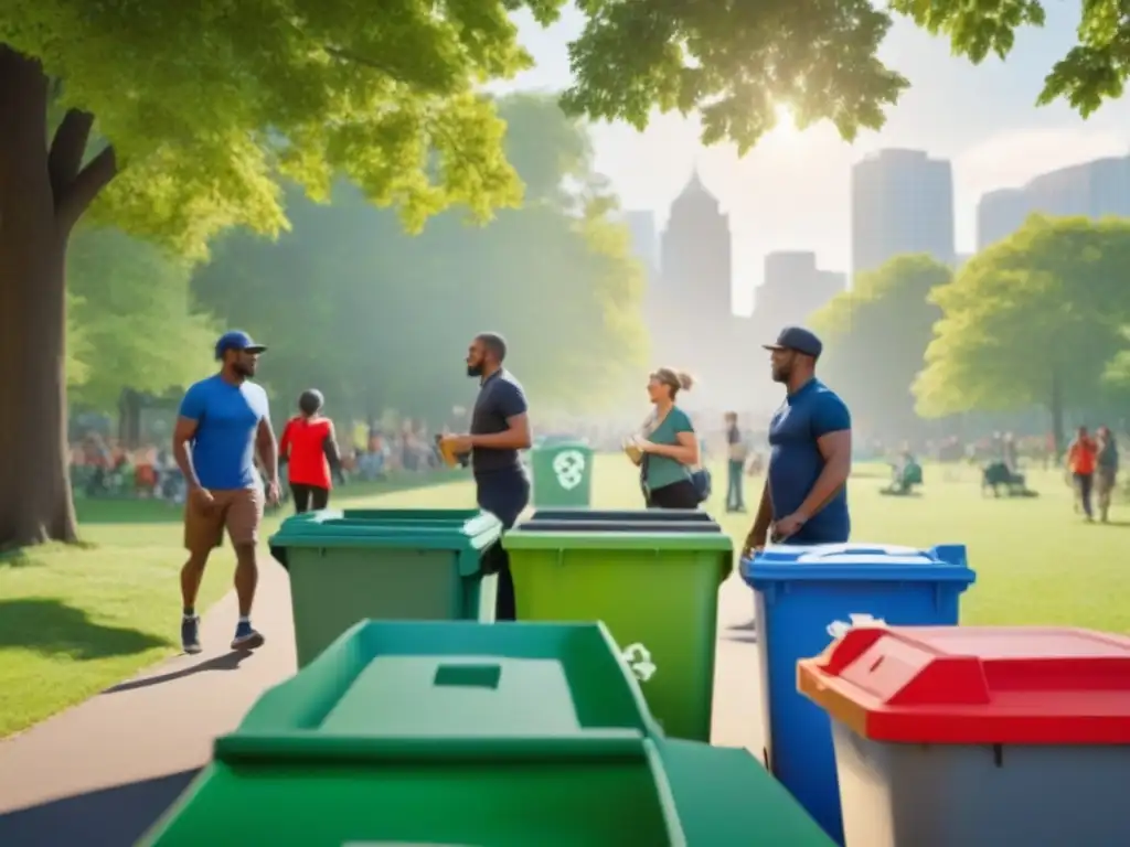 Escena vibrante en parque urbano con diversidad de personas reciclando, ejercitándose y disfrutando al aire libre