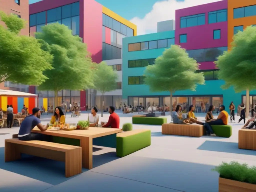 Escena vibrante de plaza pública sostenible con diversidad de actividades comunitarias
