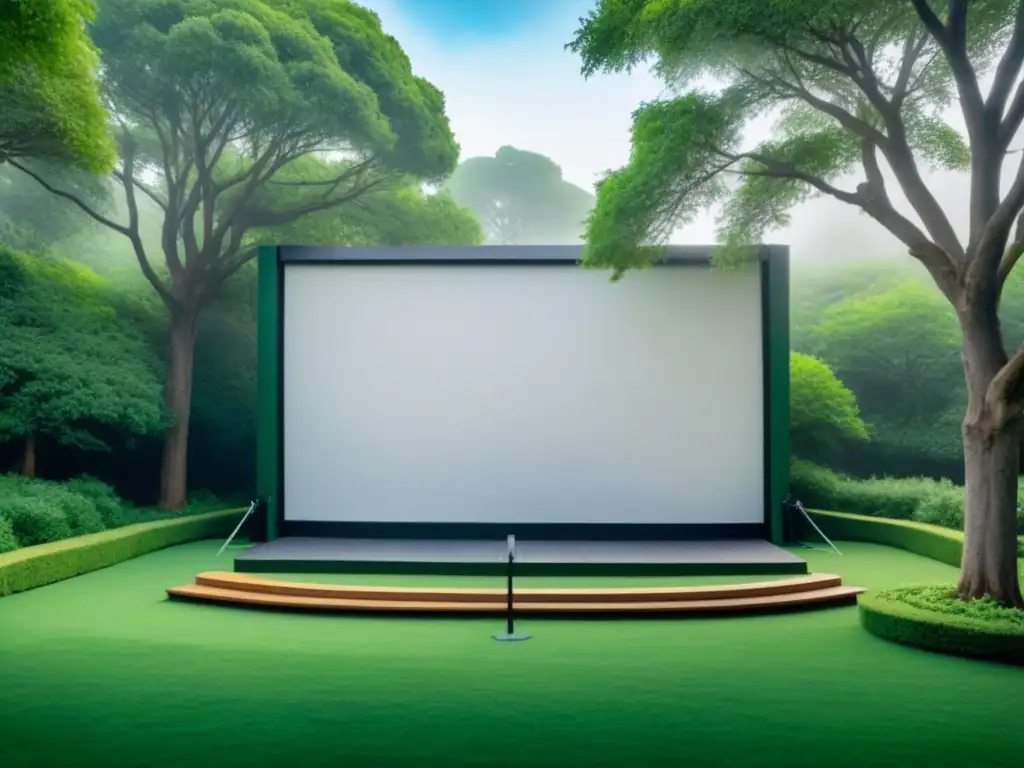 Escenario de cine al aire libre sostenible rodeado de naturaleza exuberante y asientos ecológicos, con pantalla blanca y escena vibrante