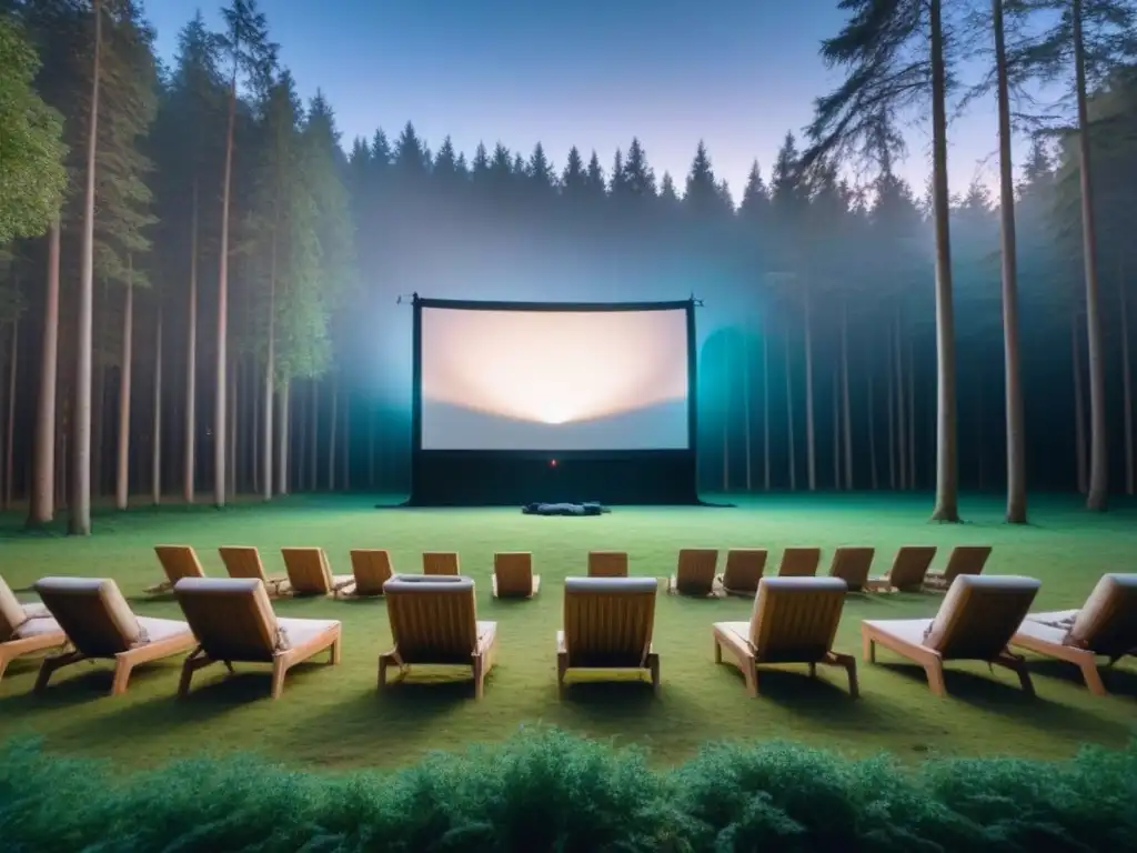 Escenario de cine al aire libre en el bosque, sillas de madera frente a una pantalla blanca bajo un cielo estrellado