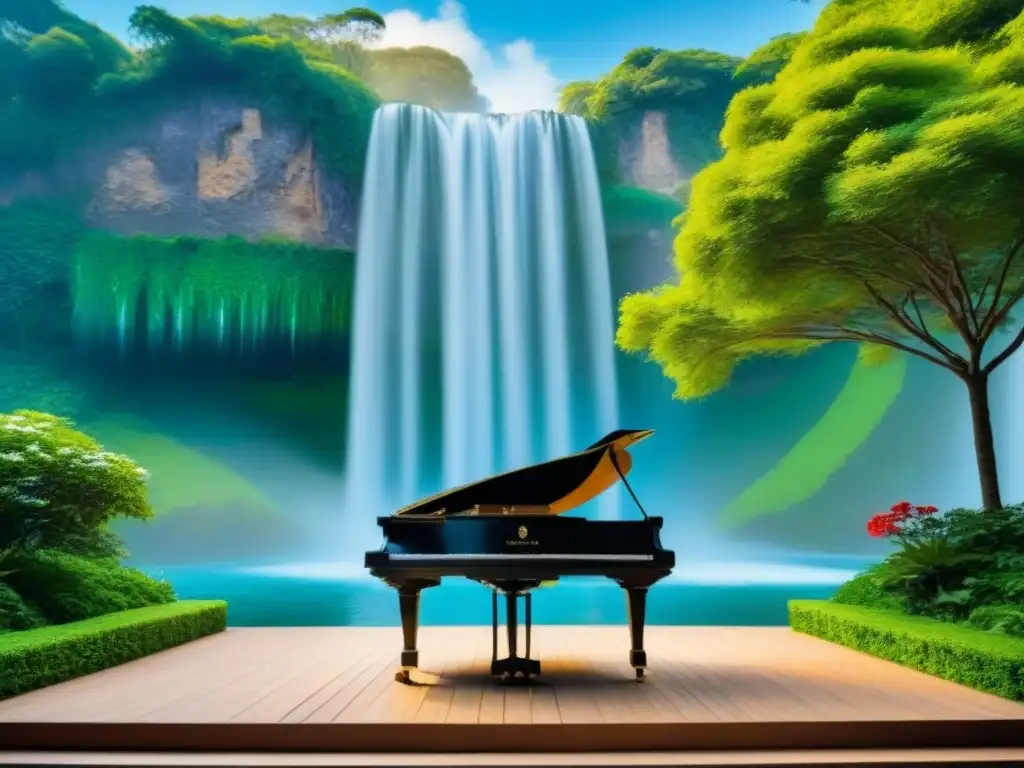 Escenario de concierto minimalista con piano rodeado de naturaleza exuberante y cascadas, fusionando composiciones clásicas y naturaleza sostenible