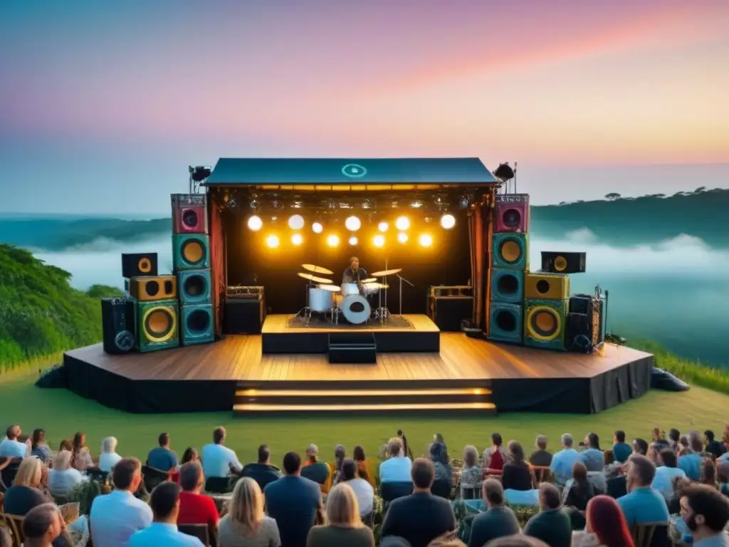 Un escenario ecoamigable con banda musical y instrumentos reciclados, iluminado por un atardecer