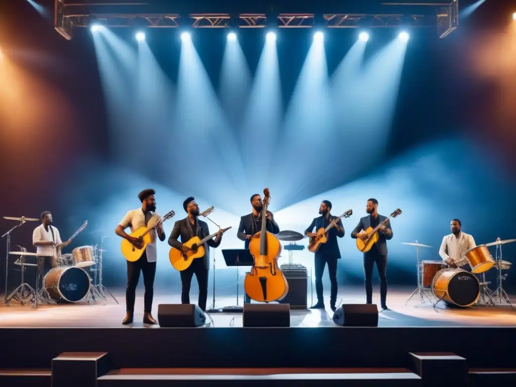 Un escenario con músicos tocando instrumentos musicales reciclados sostenibles, unidos en armonía mientras el público aplaude