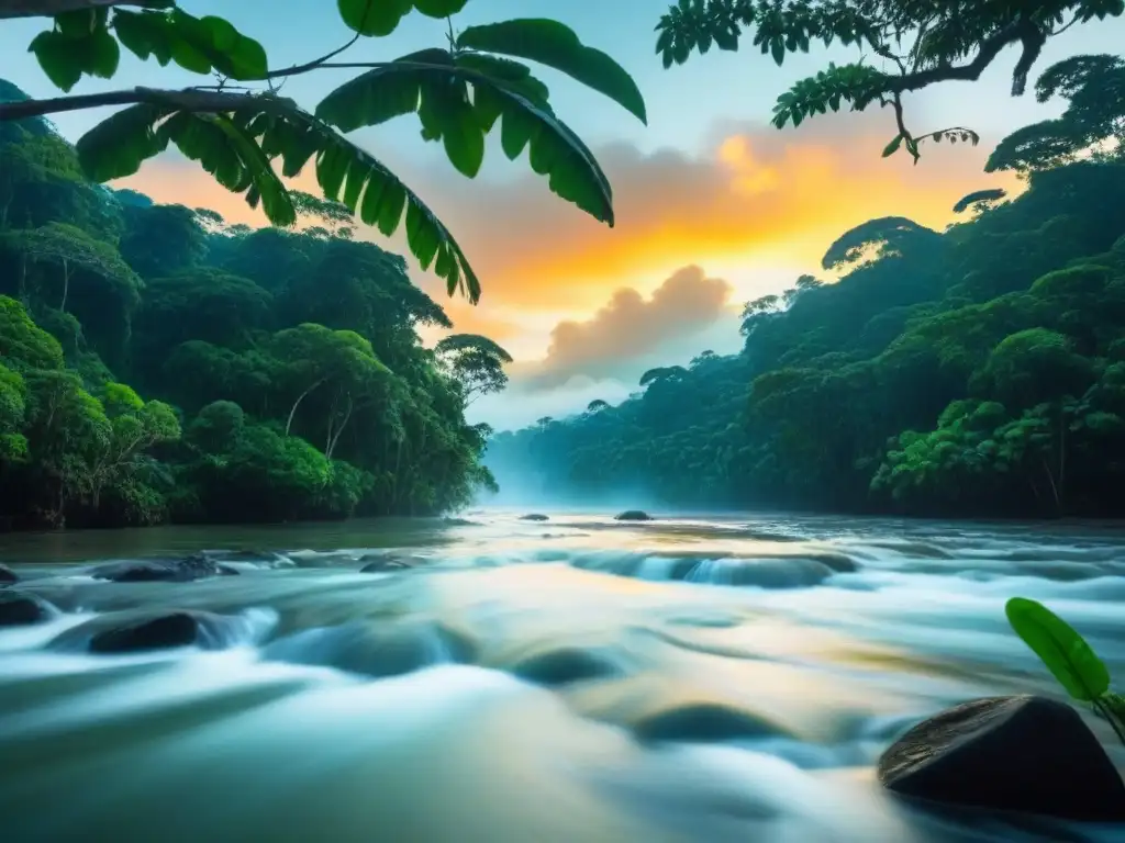 Un escenario sereno de la selva amazónica con árboles verdes exuberantes, un río caudaloso y un vibrante atardecer entre el dosel