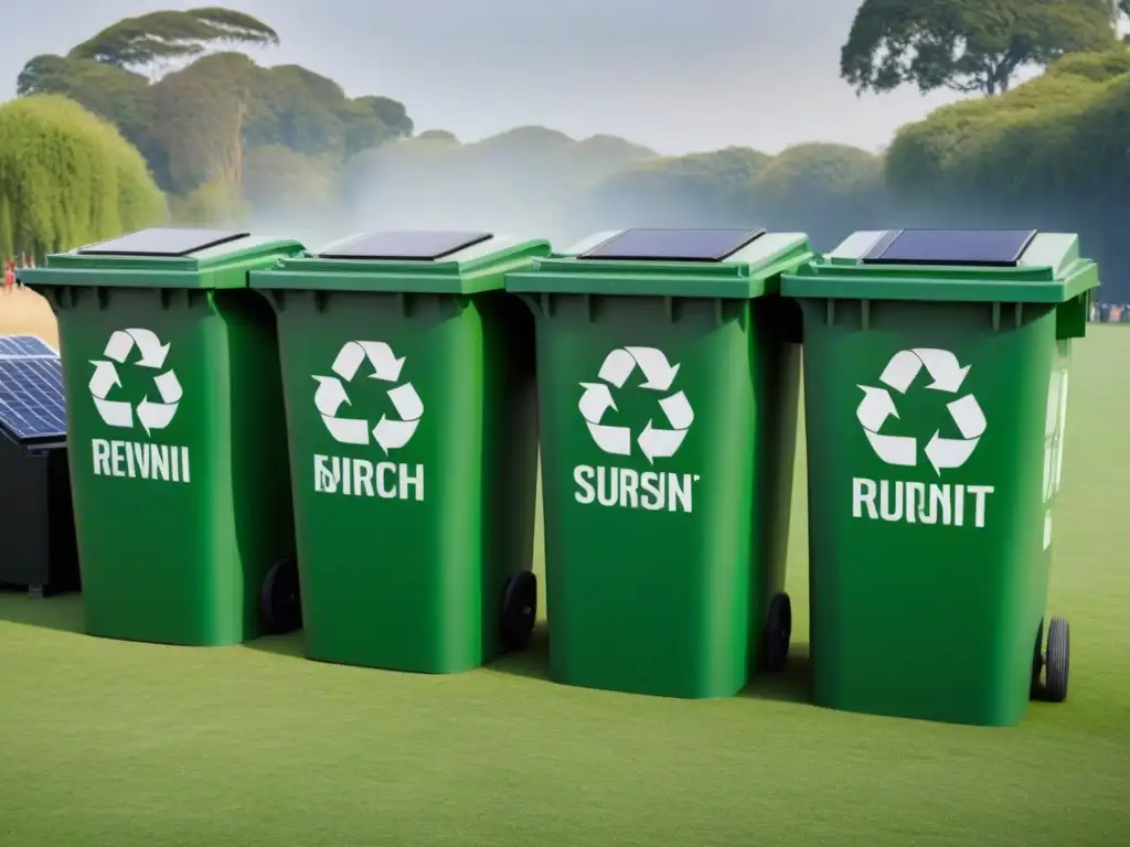 Un escenario sostenible en un evento internacional con estación de reciclaje y asistentes depositando basura conscientemente