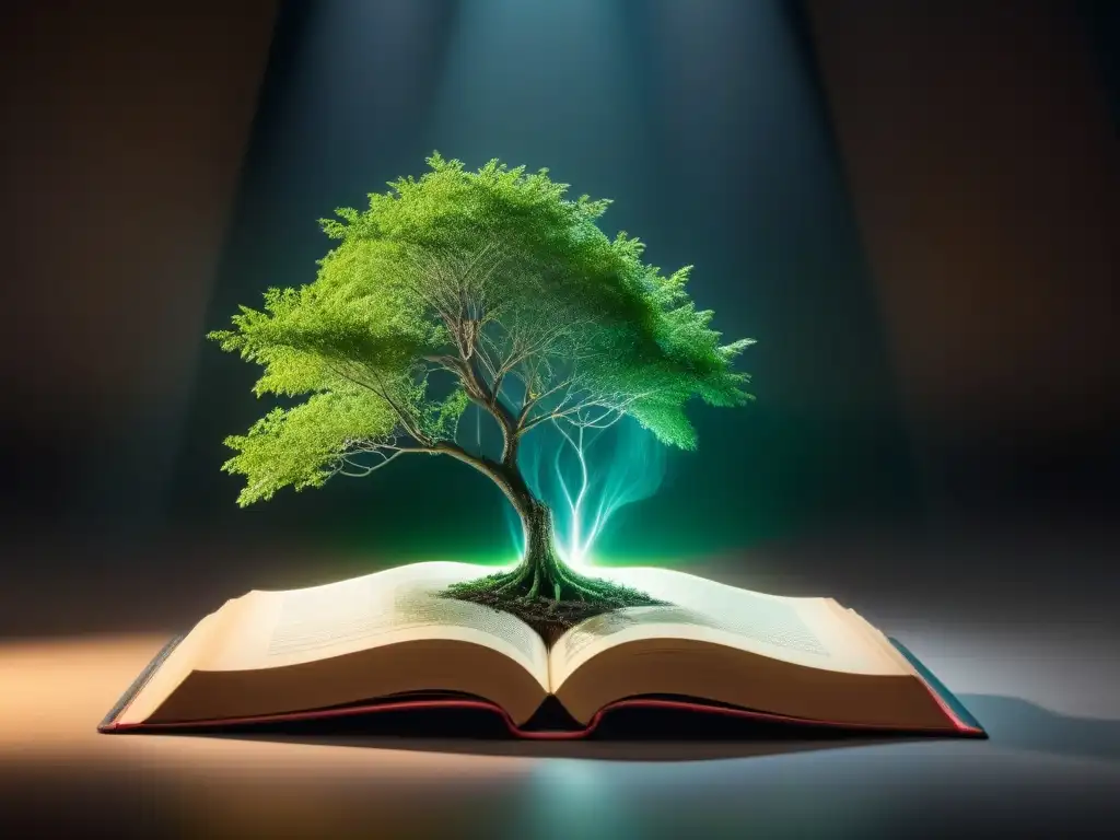 Un escenario teatral minimalista con un foco iluminando un árbol brotando de un libro, simbolizando la unión de literatura, teatro y conciencia ambiental