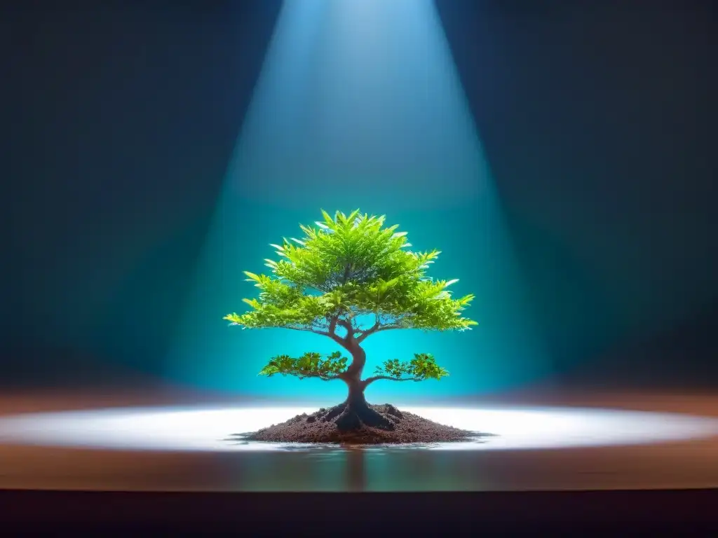 Un escenario teatral minimalista iluminado por una suave luz azul, con un árbol en maceta resaltado